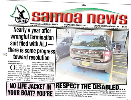 May 25, 2022 front page of Samoa News showing illegally parked KVZK vehicle.