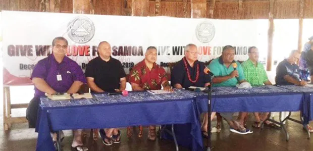 [left] Health Department (DOH) official Dr. Saipale Fuimaono; DoH  Epidemiologist Dr. Aifili John Tufa; Health director Motusa Tuileama Nua; Police Commissioner’s Le’i Sonny Thompson; Manu’a District Governor Laolagi V. Vaeao; Human and Social Services director Muavaefa’atasi John Suisala; and Education deputy director Philo Jennings. 