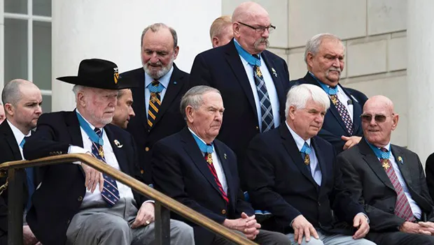 Medal of Honor recipients await the start of a ceremony at Arlington National Cemetery on Medal of Honor Day, March 25, 2019.