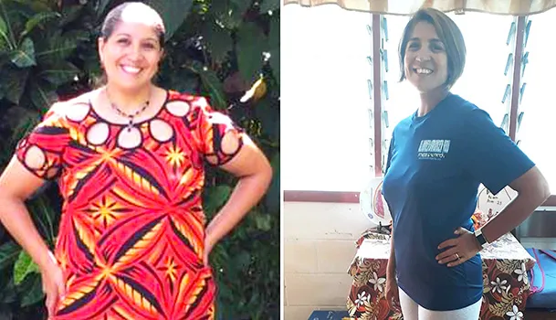 (Left) Melissa Paolo in Dec. 2017 weighing 205 lbs. and (right) Melissa in Dec. 2018 at 129.8 lbs.