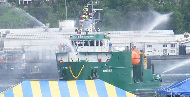 This January 2017 Samoa News file photo shows ASG's multi-million-dollar MV Manu’atele arriving at the Pago Pago Harbor on its maiden voyage from the US. 