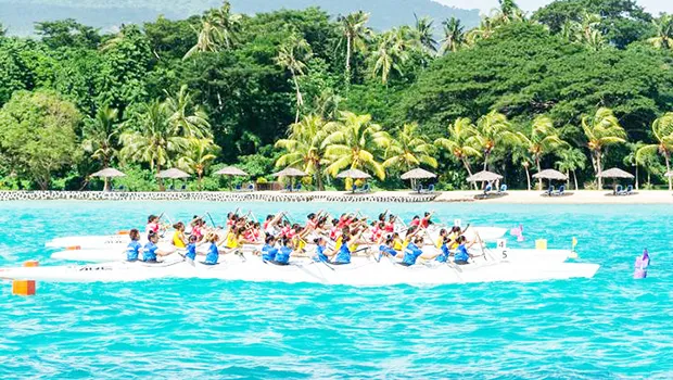 An action shot of va'a teams lining up at the Pacific Games event