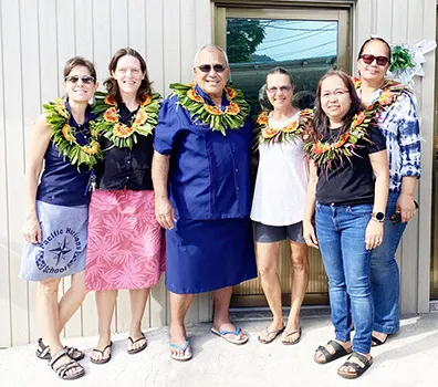 (R- L) Caroline Tuiolosega (PHS Director), Meredith Acly (PHS Board Secretary), Mapu Jamias (MJ Construction & Maintenance- center), Debbs Cox (PHS PTO President), Karen Dizon (PHS Deputy Director), Sonja Stanley (PHS Board Chair