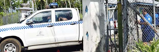 Police car at Tafaigata Prison gate. 