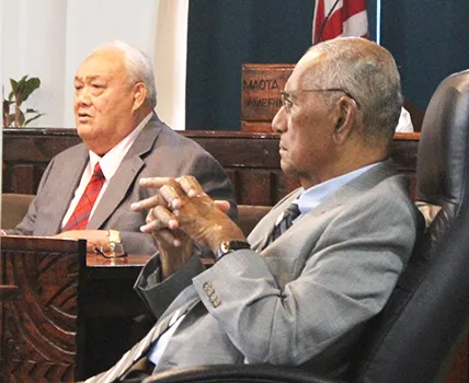 Police Commissioner, Lefiti Atiulagi Pese (left) and Sen. Soliai Tuipine Fuimaono (right) 