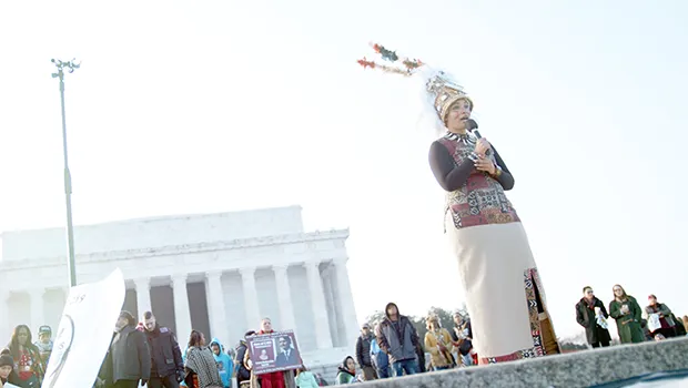 American Samoan award wining film director, Queen Muhammad Ali speaking at the Indigenous Peoples Movement rally Jan. 18th