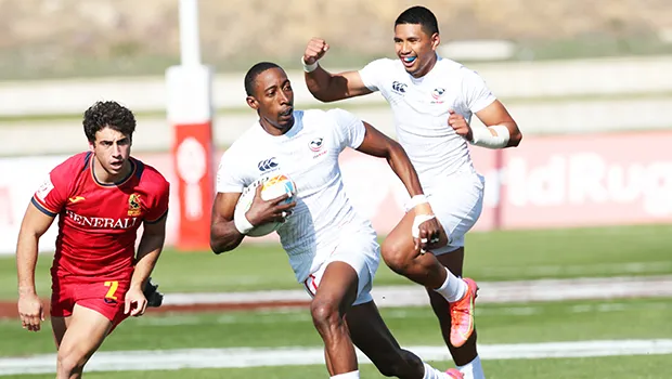 USA's Faitala Talapusi celebrates Perry Baker's line break 