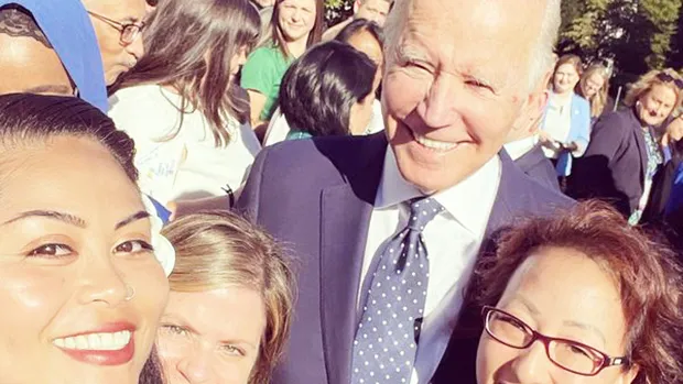 Territorial Teacher of the Year 2020-2021 Mrs. Sabrina Suluai-Mahuka (left-bottom of photo) posed for a selfie with U.S President Joe Biden