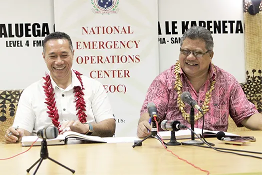 (L-R) Agafili Tomaimano Shem Leo, Interim Chairman NEOC and Director General of Health Leausa Samau Dr. Take Naseri.