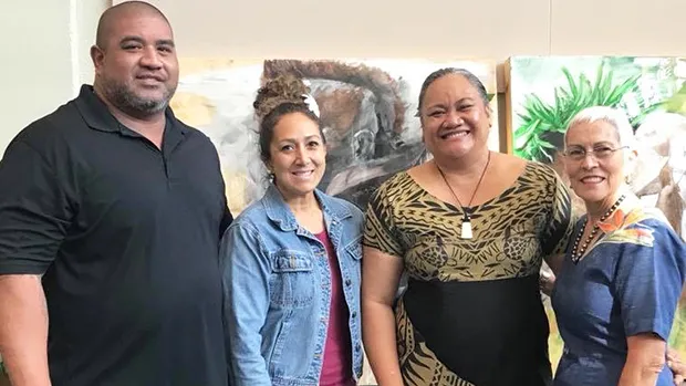 The Faleomavaega Eni Hunkin foundation supported the 2018 Samoan Language Symposium.  Representing the foundation were family members including Mrs. Hinanui Hunkin (right), widow of Faleomavaega along with one of their daughters and sons-in-law (left). They are pictured with Elisapeta Alaimaleata director of Le Fetuao Samoan Language Center (2nd right).  