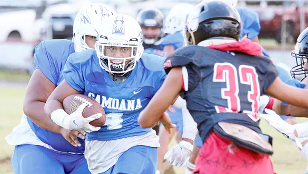 Samoana’s running back breaking out to center field and coming face-to-face with the Marist Crusader defensive backs