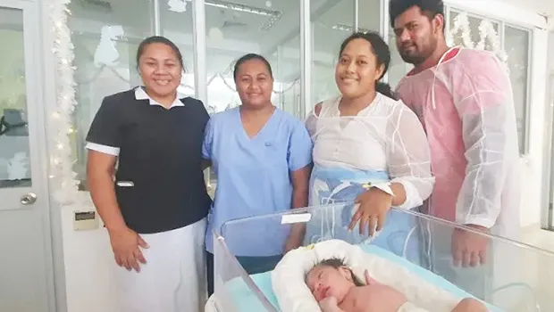 (L-R) RN Lautasi Alao, RN        Amanaki Lautusi, Koreta and Visesio with Samoa's New Year baby of 2021. [