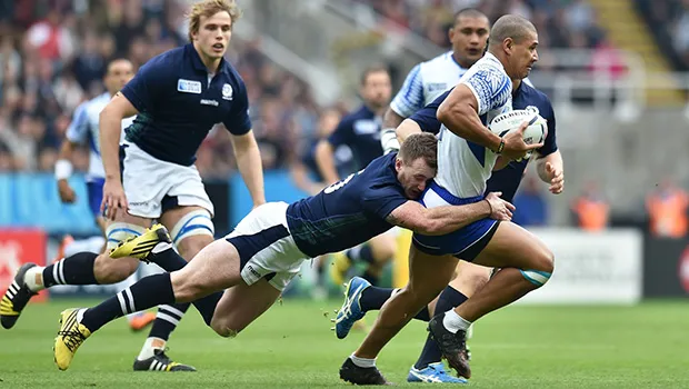  Samoa's Paul Perez (right) is tackled by Scotland's Stuart Hogg 