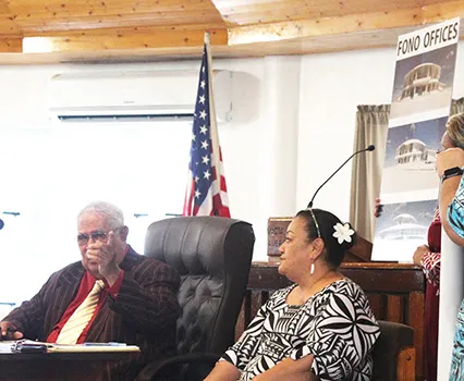 Senate President Tuaolo Manaia and legal counsel Mitzie Jessop-Ta’ase with drawings of proposed fono offices