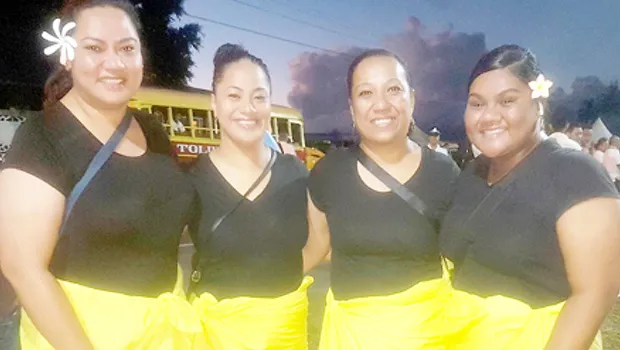 Senetenari Aumavae (far right) in Apia with the other tattoo lady members who marched in the flag raising Saturday