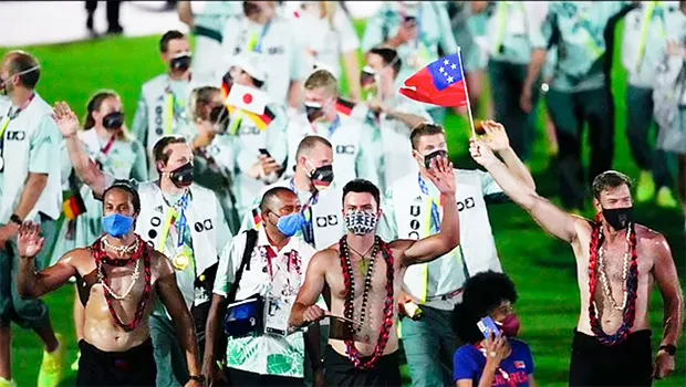 Shirtless Samoan male athletes at Tokyo Olympic Closing Ceremony