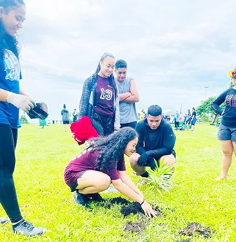 A student planing a tree while others look on.