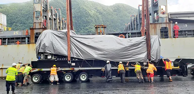 GE generators being unloaded at the port.