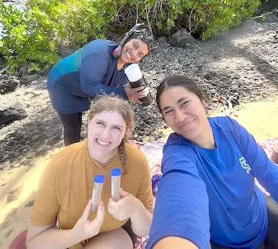 Talofa Fe’a (front right) on a microalgae sampling trip in American Samoa — with Ella Ashford (front left), a 2023 Hollings scholar, and Valentine Vaeoso (back), a staff member at National Park of American Samoa.  Ms Fe’a is a 2024 EPP/MSI summer intern with the National Marine Sanctuary of American Samoa and University of Hawai'i Sea Grant. She studied the risk of ciguatera poisoning in American Samoa. Image credit: Talofa Fe’a]