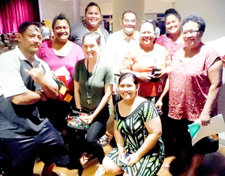Some of American Samoa’s in-service teachers gather around Dr. Larry Purcell (back row, in white shirt)
