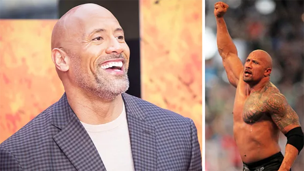 Dwayne “The Rock” Johnson smiling with inset of his sholder tattoo