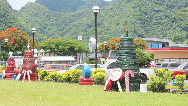 Tires repurposed as Christmas trees and wreaths