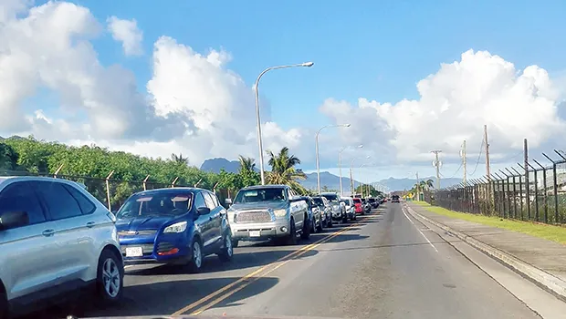 Traffic next to the Veterans Memorial Stadium stretching back all the way through to McDonald’s Tafuna