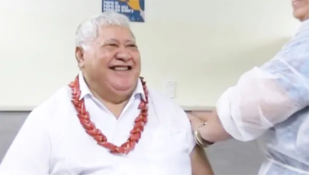 Caretaker Prime Minister Tuilaepa Dr Sailele Malielegaoi receiving the first injection of the 2-dose Oxford-AstraZeneca vaccine.