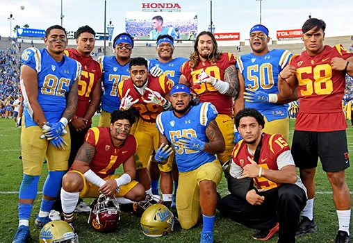 Top: L-R Devin Asiasi (TE), Marlon Tuipolotu (DL), Boss Tagaloa (OL), Atonio Mafi (DL),Toa Lobendahn (Center), Tyler Manoa (DL), Solomon Tuiliaupupu (LB),  Bottom: L-R Palaie Gaoteote IV (LB), Vavae Malepeai (Running Back),  Lokeni Toailoa (LB), Talanoa Hufanga (Safety) 