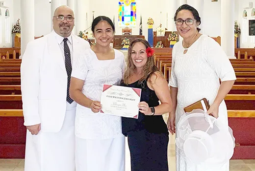 PV2 Morgan Ulu with her parents, Rev. Iasepi and Leone Ripley-Ulu, and SFC Sheri Hoddle