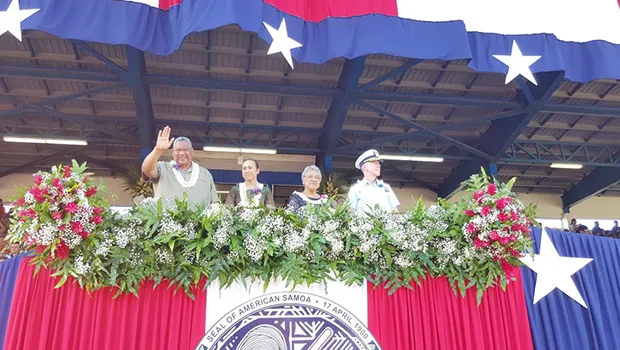 Rear Adm. Kevin Lunday, commander Coast Guard 14th District, joins acting Governor Lemanu Mauga and first lady Cynthia Moliga