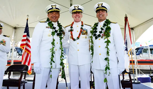 Capt. Arex Avanni (left),Capt. Michael Long (right),Rear Adm. Kevin Lunday (center) 
