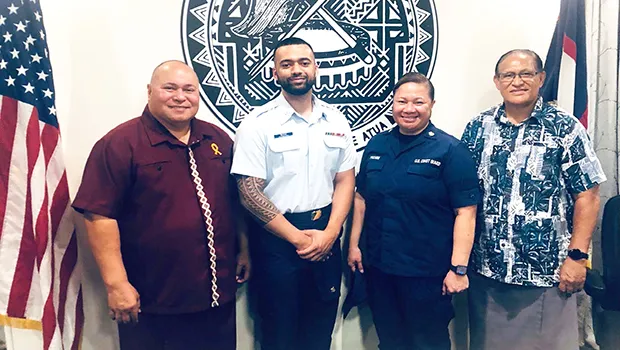 (Left-right): Chief of Staff, Loa Tuimavave Tauapa’i Laupola, Yeoman Third Class (YN3) Adrian Baqui, Yeoman First Class (YN1) Moli PoChing and an unidentified man.