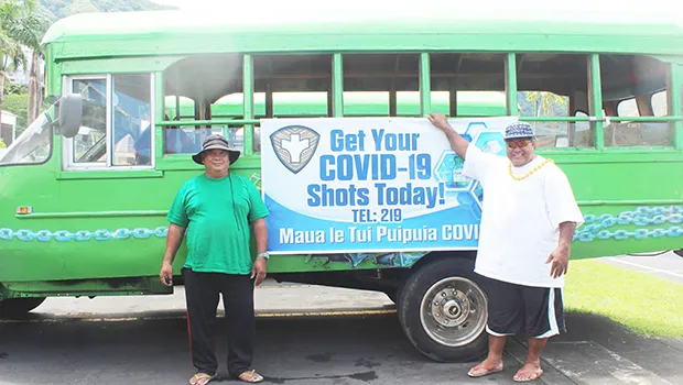 Aiga bus with free rides to vaccine sites banner