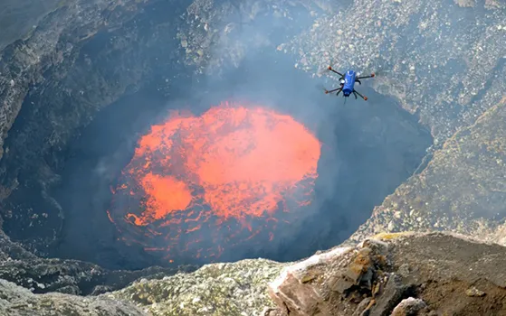 A drone flying over Vanuatu’s Ambrym volcano