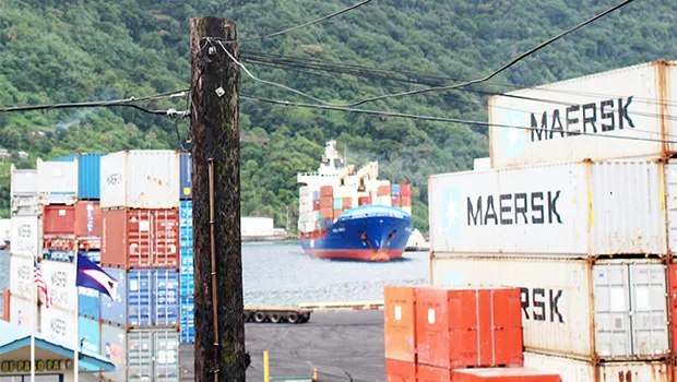 The cargo vessel Fesco Askold slowly pulling into Port of Pago Pago