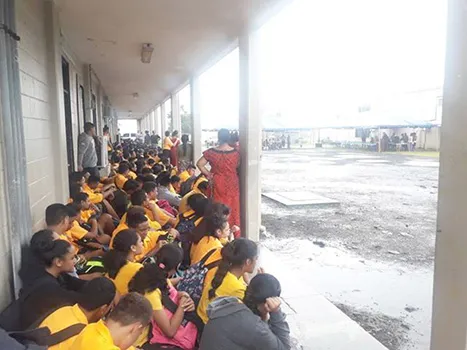 Students and teachers are seen here crammed into the school’s walkways