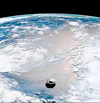 A satellite image of Tonga volcano eruption