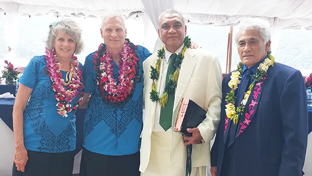  (L-R) Dr. James Gebhard and his wife Helen with Rev. Tuilaepa Samuelu of the Aunuu CCCAS, and Senator Tuiasina Dr. Salamo Laumoli