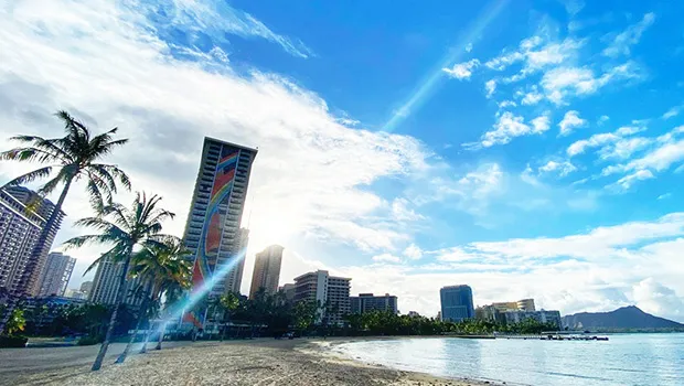 A view of Waikiki Beach looking toward Hilton Hawaiian Village. 