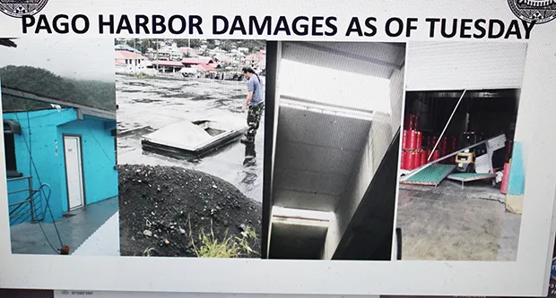 Screen shot from the Port Administration weather update presentation last week Wednesday at the Emergency Operations Center of damages caused to Pago Harbor