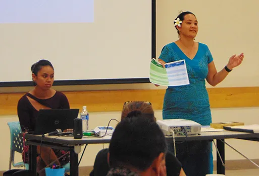 Meteorologist-In-Charge, Elinor Lutu-McMoore (right) speaking at yesterday’s Tropical Cyclone Awareness Workshop