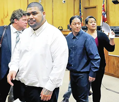 Wesley Samoa, left, Lama Lauvao and Natisha Tautalatasi leaving the courtroom