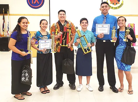 (L-R) are the Top 6 winners of the competition: Noelle Lei Sam (SPA), 4th Place; Avril Louella Regis (FMHS) 3rd Place; Osana Laulu (LHS), 2nd Place; Vincent Maverick Jagon (FMHS), 1st Place; Kutori Temese (Manumalo), 5th Place; and Jodesy Fuiava (Manumalo), 6th place.