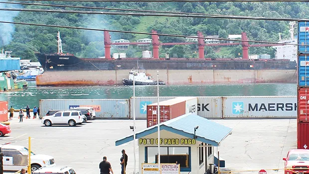 A view of the Port of Pago Pago as the North Korean cargo ship, Wise Honest, is slowly being towed to the main dock of Pago Pago Harbor