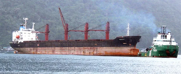 North Korean cargo ship, Wise Honest (left) with a towing vessel in the bay area waters