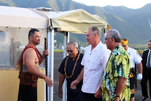 Talauega Eleasalo Ale, dressed in Samoan chiefly attire, Gov. Lolo Matalasi Moliga, US Secretary of Interior, Ryan Zinke, and US Interior Department official Nikolao Pula
